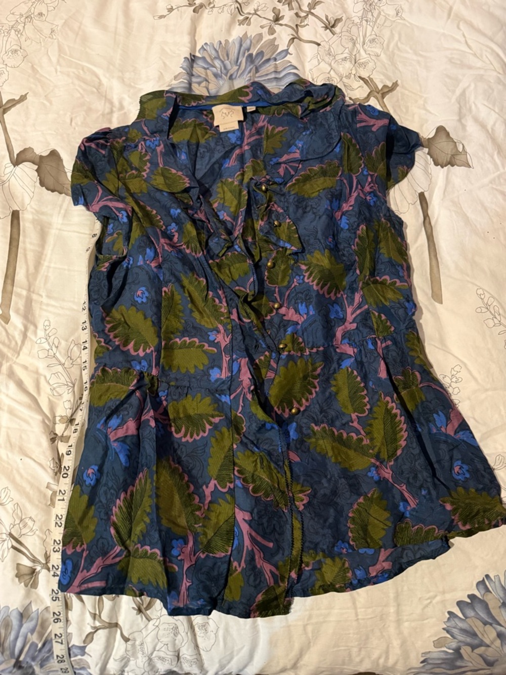 Anthropologie Vanessa Virginia Silk Floral Ruffle Button-Front Top - Blue/Olive